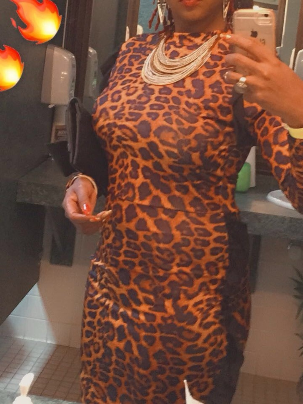 Leopard Print Long Sleeve Dress with Black Ruffle Trim